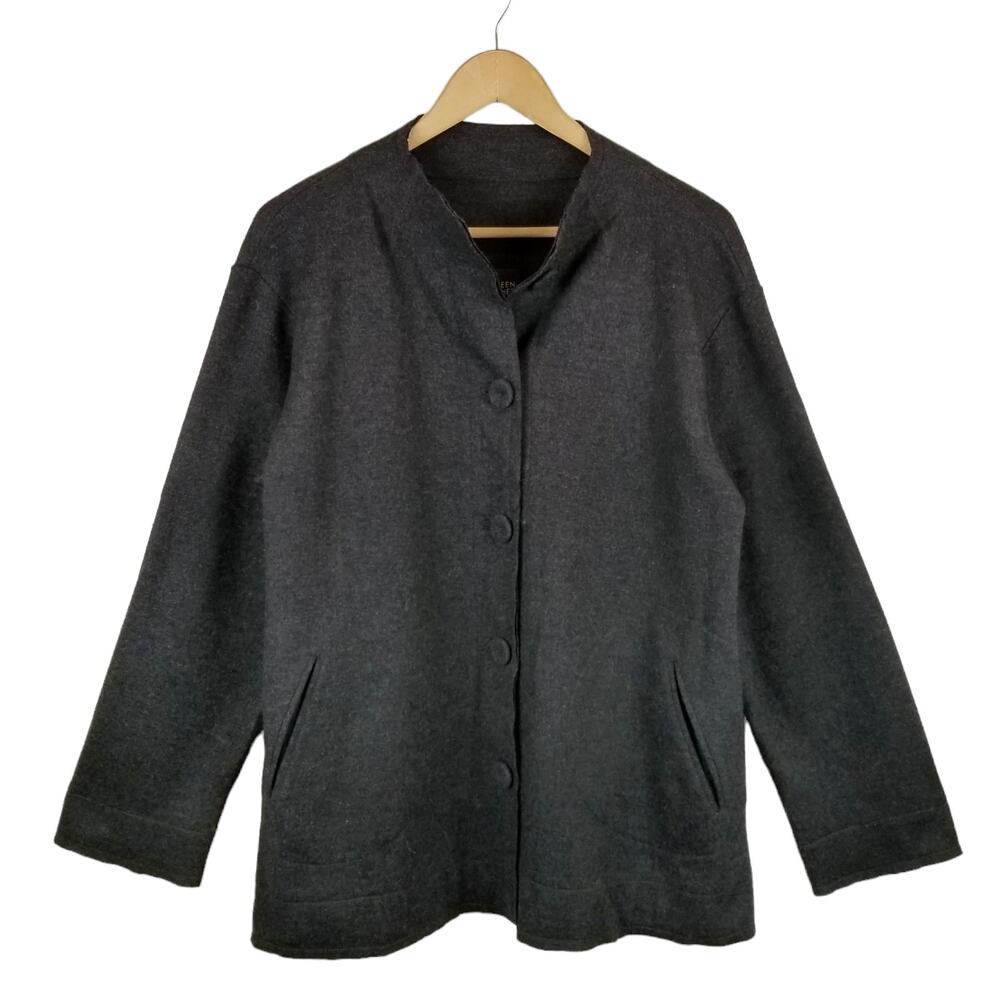 Eileen Fisher 100% Wool Covered Button Charcoal Gray Jacket Size S Small